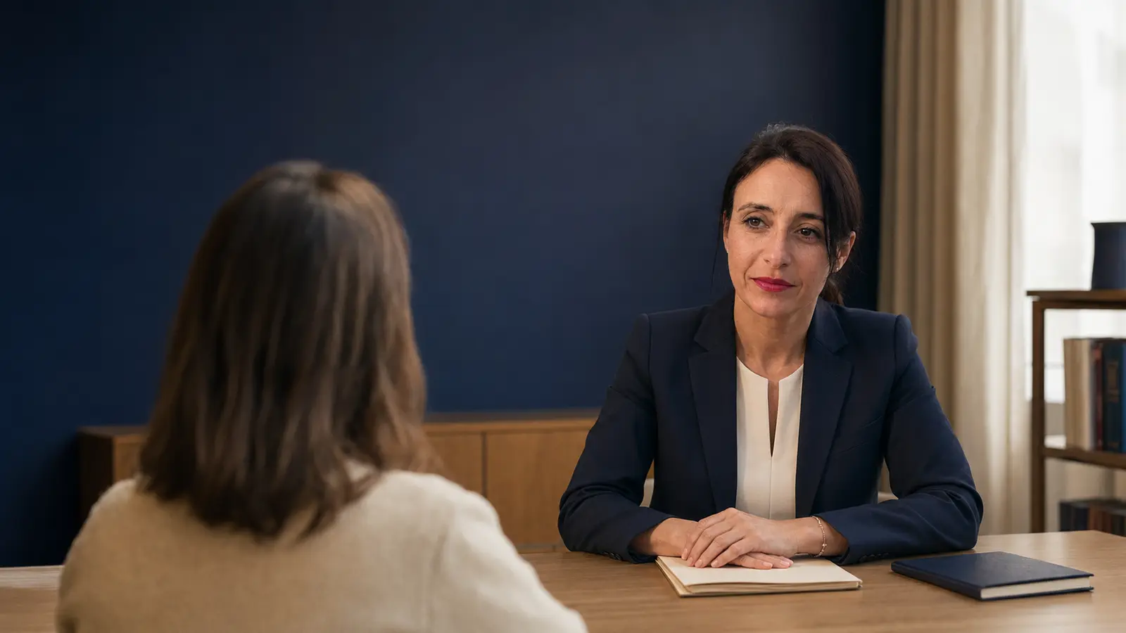 Maître Cédrine Raybaud écoutant confidentiellement une victime de violences intrafamiliales